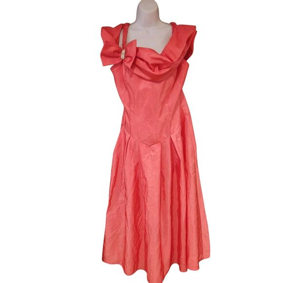 80s Vintage Hot Pink Dress Sz Small Off Shoulder With Bow Made Woman's Union USA - Picture 1 of 7